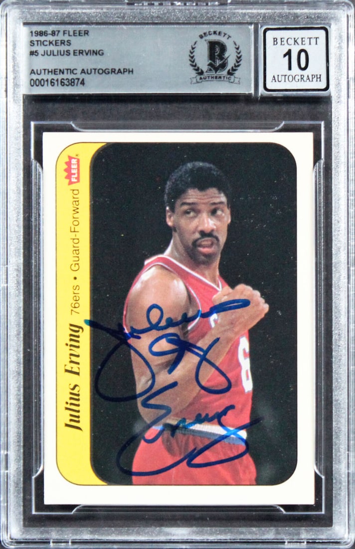 76ers Julius "Dr. J." Erving Signed 1986 Fleer Stickers #5 Card Auto 10 BAS Slab: 76ers Julius "Dr. J." Erving Signed 1986 Fleer Stickers #5 Card Auto 10 BAS Slab Sport: Basketball Product: Box Box & Case Breaks Case Coin etopps (In-hand) Lot Pack Original/Reprint: Original Player: