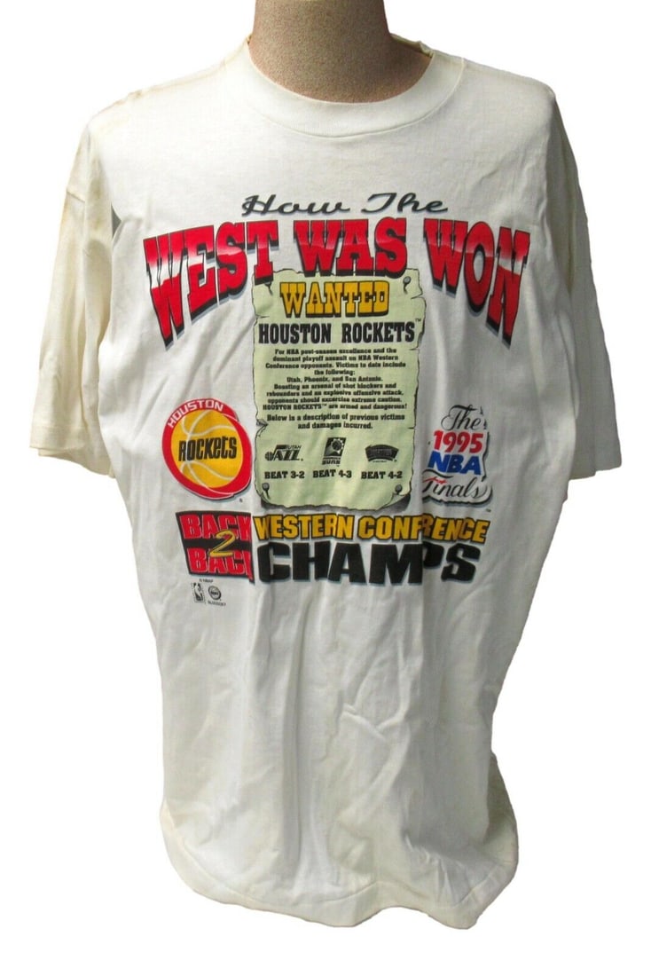 1995 Rockets NBA Western Conference Champs Vintage Tee T-Shirt Size XL 80979: 1995 Rockets NBA Western Conference Champs Vintage Tee T-Shirt Size XL 80979 Brand: Unbranded Size Type: Regular Decade: 1990s Original/Reproduction: Original Material: Cotton Pre-Owned While the lot 