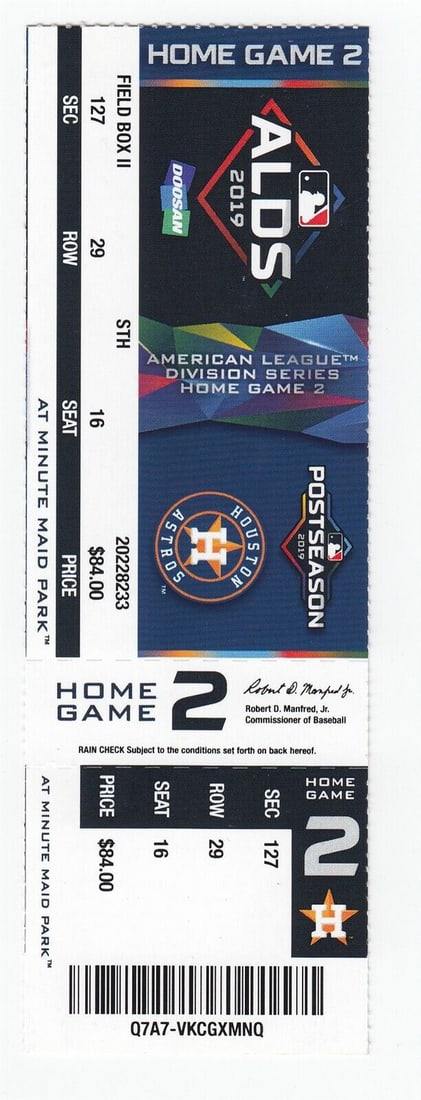 2019 ALDS Game 2 Ticket Rays @ Astros Cole WP Bregman HR NM 51214: 2019 ALDS Game 2 Ticket Rays @ Astros Cole WP Bregman HR NM 51214 Product Type: Ticket Stub Product: Tickets Team 2: Tampa Bay Rays Original/Reproduction: Original Grade: Near Mint Year: 2019 Team-Bas