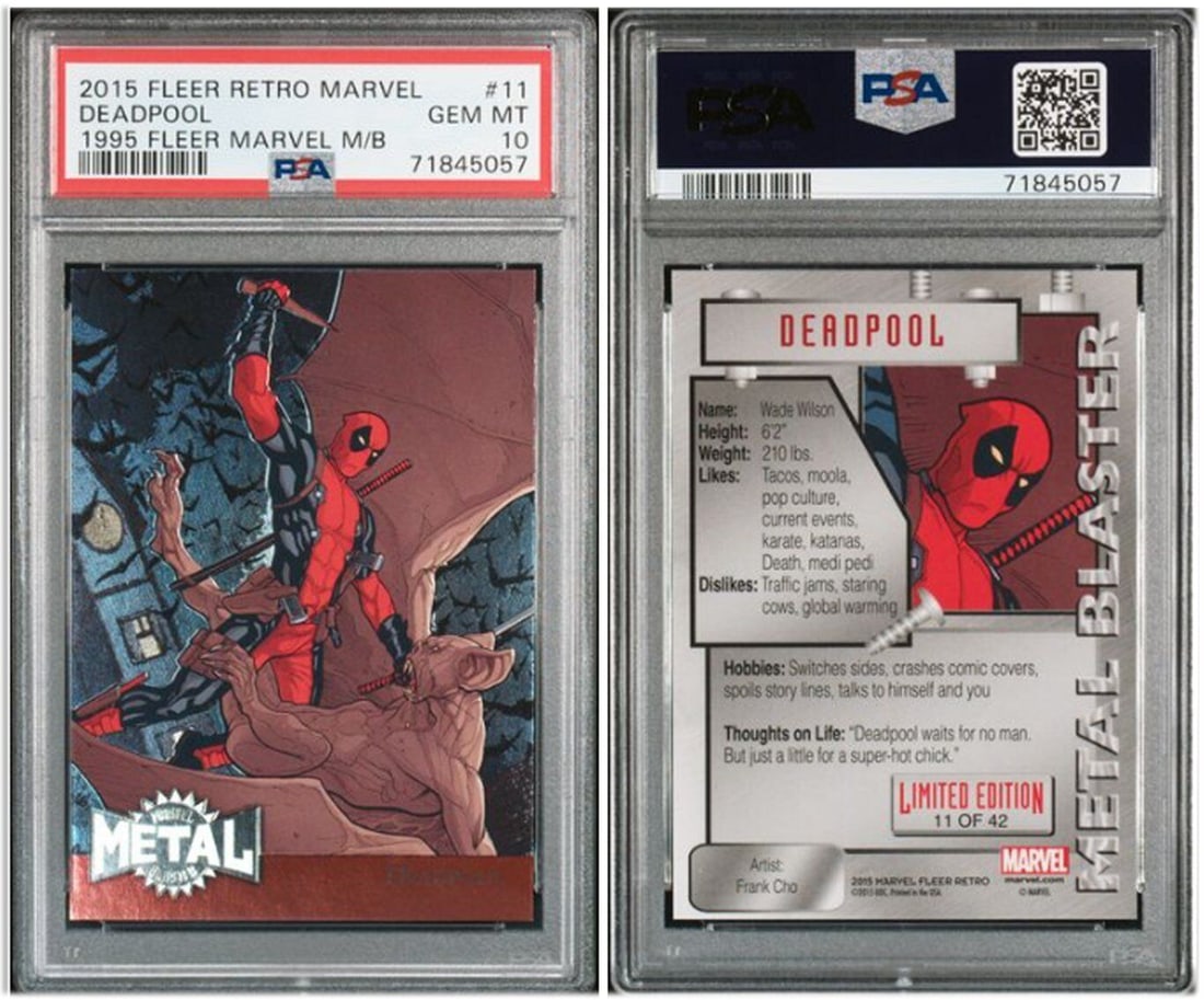 2015 Fleer Retro Marvel Metal Blaster #11 1995 Deadpool PSA 10 Gem Mint POP: 2015 Fleer Retro Marvel Metal Blaster #11 1995 Deadpool PSA 10 Gem Mint POP Franchise: Marvel Set: 2015 Fleer Metal Universe Year Manufactured: 2021 Manufacturer: Skybox Metal Universe Champions Card 