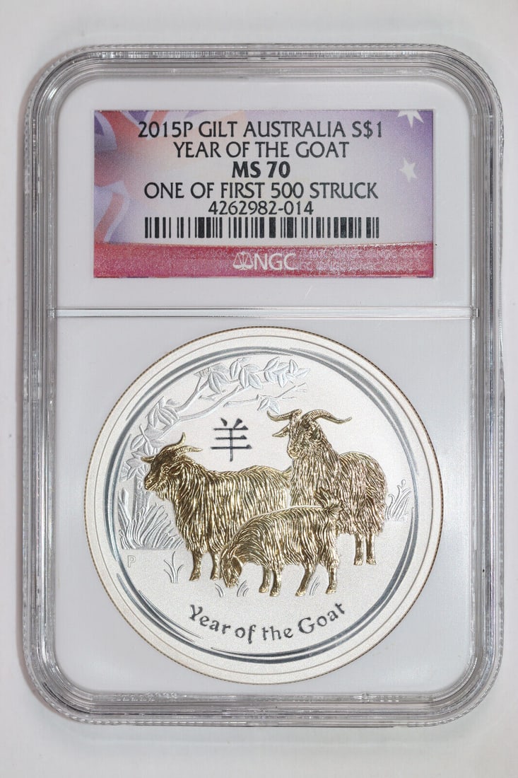 2015-P AUSTRALIA 1 OZ SILVER YEAR OF THE GOAT GILT NGC MS70 FIRST 500 STRUCK: 2015-P AUSTRALIA 1 OZ SILVER YEAR OF THE GOAT GILT NGC MS70 FIRST 500 STRUCK Circulated/Uncirculated: Uncirculated Denomination: Dollar Composition: Silver Year: 2014 Grade: PR 70 Precious Metal Conte