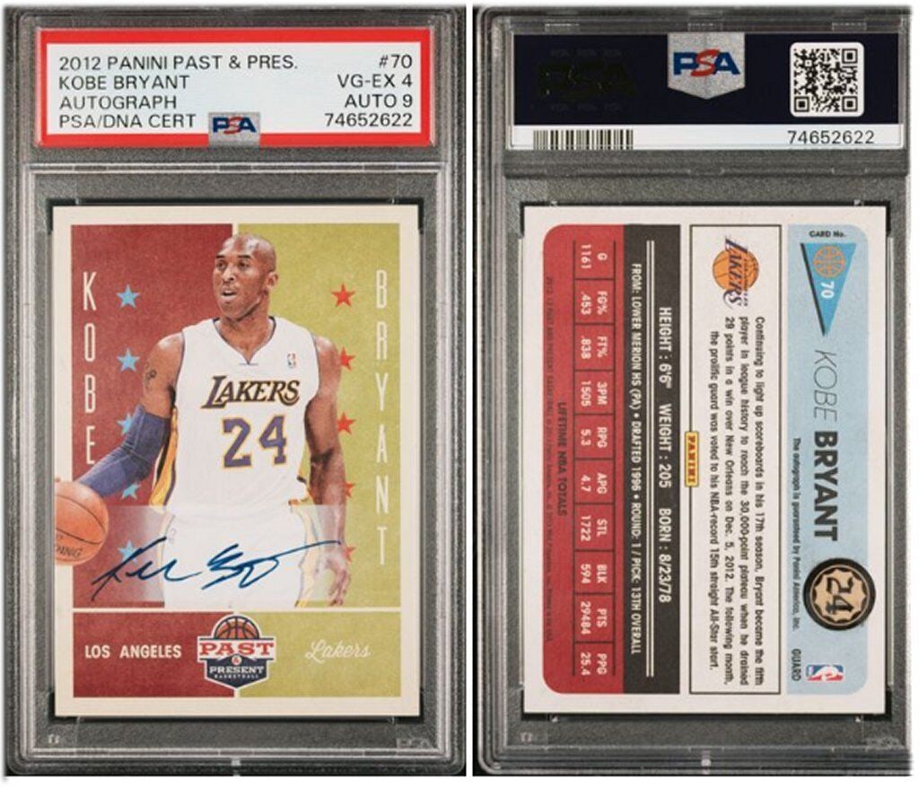 Kobe Bryant 2012 Panini Past & Present Auto Signed Lakers #70 PSA 4 / 9: Kobe Bryant 2012 Panini Past & Present Auto Signed Lakers #70 PSA 4 / 9 Sport: Basketball Manufacturer: Topps Chrome League: NBA Team: Los Angeles Lakers Year Manufactured: 2007 Graded: Yes Player: Ko