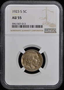 1923-S Buffalo Nickel Type 2 5C NGC AU55: 1923-S Buffalo Nickel Type 2 5C NGC AU55 Certification: NGC Certification Number: 5961507013 Grade: AU55 Year: 1923 Circulated/Uncirculated: Circulated Mint Location: San Francisco Designation: NONE