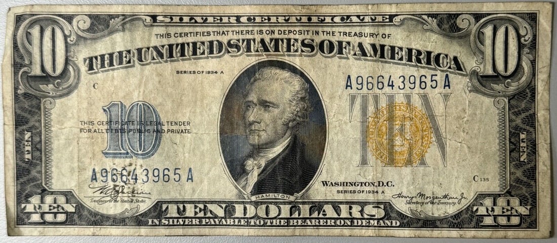 1934-A $10 NORTH AFRICA SILVER CERTIFICATE FINE: 1934-A $10 NORTH AFRICA SILVER CERTIFICATE FINE Circulated/Uncirculated: Circulated Denomination: $10 Year: 1934 Grade: Ungraded Certification: Uncertified Pre-Owned The MYNT Guarantee: All items in t