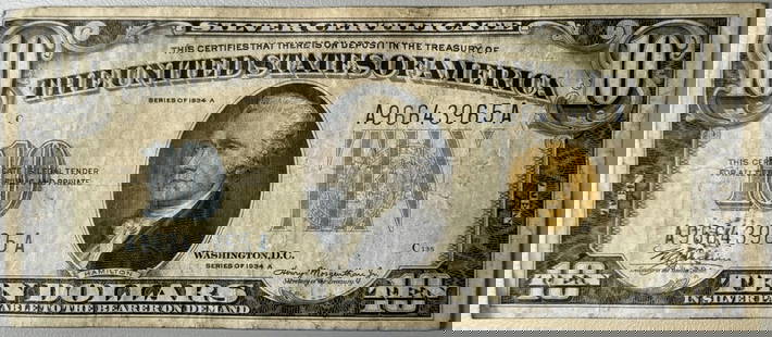 1934-A $10 NORTH AFRICA SILVER CERTIFICATE FINE: 1934-A $10 NORTH AFRICA SILVER CERTIFICATE FINE Circulated/Uncirculated: Circulated Denomination: $10 Year: 1934 Grade: Ungraded Certification: Uncertified Pre-Owned The MYNT Guarantee: All items