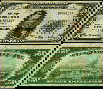 Detroit MI-Michigan $50 1929 T-1 National Bank Note Ch #10527 First Wayne NB VF: Detroit MI-Michigan $50 1929 T-1 National Bank Note Ch #10527 First Wayne NB VF Grade: VF Certification: Uncertified Circulated/Uncirculated: Circulated Denomination: $50 Type: National Bank Note