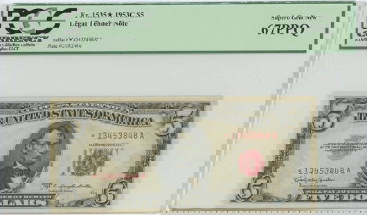1953C $5 Legal Tender FR#1535* PCGS 67 PPQ Superb Gem Star: 1953C $5 Legal Tender FR#1535* PCGS 67 PPQ Superb Gem Star Certification: PCGS Currency Certification Number: 80026590 Grade: MS67 Denomination: Legal Tender Note Type: 1535* Year: 1953 Pre-Owned 