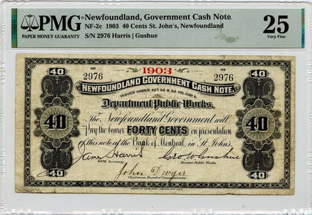 1903 40C Newfoundland Government Cash Note Pick# CADNF-2c PMG VF25: 1903 40C Newfoundland Government Cash Note Pick# CADNF-2c PMG VF25 Circulated/Uncirculated: Circulated Certification: PMG Certification Number: 2022584001 Grade: VF25 Pre-Owned The MYNT Guarantee: