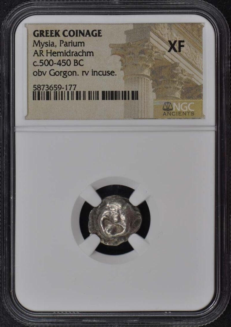 Mysia Parium c.500-450BC Greek AR Hemidrachm NGC XF45: Mysia Parium c.500-450BC Greek AR Hemidrachm NGC XF45 Certification: NGC Certification Number: 5873659177 Denomination: Ancient Greek Grade: XF45 Date: NONE Pre-Owned The MYNT Guarantee: All items in 