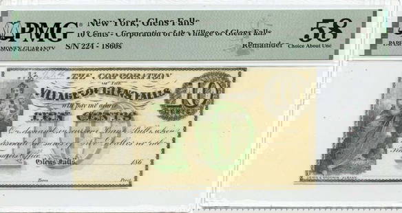 1860s 10 Cents New York Village of Glens Falls SCRNYH9 PMG AU58: 1860s 10 Cents New York Village of Glens Falls SCRNYH9 PMG AU58 Certification: PMG Certification Number: 2196635051 Grade: AU58 Circulated/Uncirculated: Circulated Denomination: Obsolete Note 