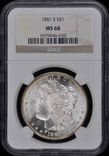 1881-S Morgan Dollar S$1 NGC MS68: 1881-S Morgan Dollar S$1 NGC MS68 Certification: NGC Certification Number: 1979946030 Grade: MS68 Year: 1881 Circulated/Uncirculated: Uncirculated Mint Location: San Francisco Designation: NONE