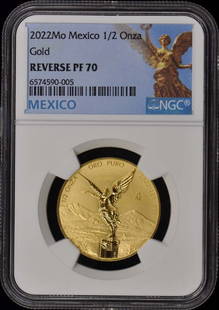 2022 Mo Mexico 1/2 oz Onza Gold Libertad NGC Reverse PF70: 2022 Mo Mexico 1/2 oz Onza Gold Libertad NGC Reverse PF70 Circulated/Uncirculated: Uncirculated Year: NONE Certification: NGC Certification Number: 65745590005 Grade: PR70 Pre-Owned The MYNT