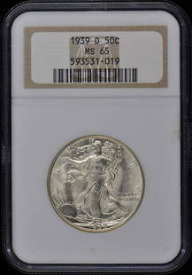 1939-D Walking Liberty Half Dollar 50C NGC MS65: 1939-D Walking Liberty Half Dollar 50C NGC MS65 Certification: NGC Certification Number: 59353119 Grade: MS65 Year: 1939 Circulated/Uncirculated: Uncirculated Mint Location: Denver Designation: NONE