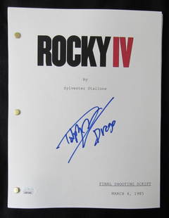 Dolph Lundgren Autographed "Rocky IV" Movie Script JSA 189192: Dolph Lundgren Autographed "Rocky IV" Movie Script JSA 189192 Autograph Authentication: JSA Industry: Movies Original/Reproduction: Original Original/Reprint: Original Product: Misc Signed: YES 