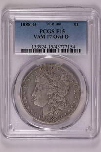 1888-O VAM 17 "OVAL O" TOP 100 MORGAN DOLLAR PCGS F15: 1888-O VAM 17 "OVAL O" TOP 100 MORGAN DOLLAR PCGS F15 Certification: PCGS Composition: Silver Grade: F-15 Year: 1888 Circulated/Uncirculated: Circulated Strike Type: MS Mint Location: New Orleans