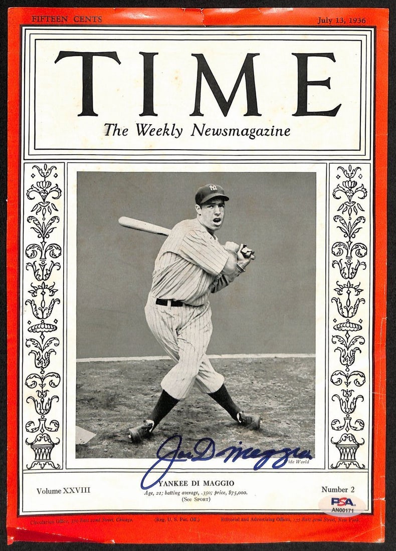 Joe DiMaggio HOF Signed/Auto Vintage 1936 Time Magazine Cover PSA/DNA 188995: Joe DiMaggio HOF Signed/Auto Vintage 1936 Time Magazine Cover PSA/DNA 188995 Original/Reprint: Original Product: Photo Sport: Baseball Productname: 1951 The Phillies Official Year Book 188806 Toptitle