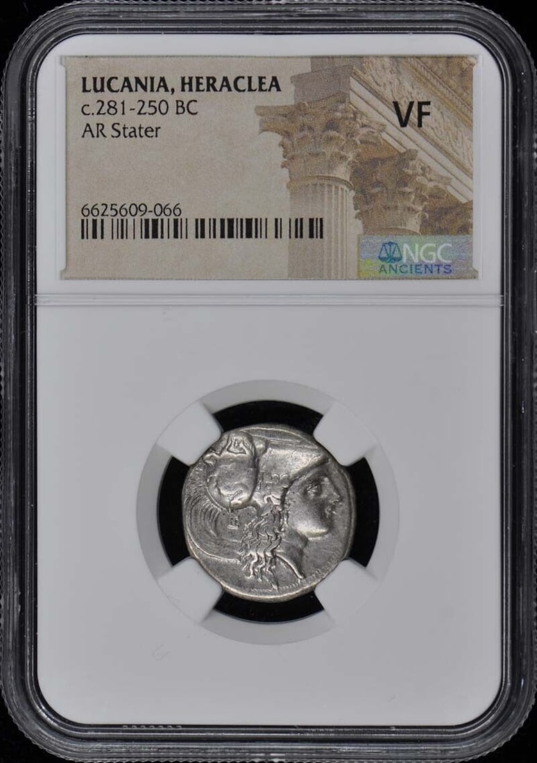 c.281-250 BC LUCANIA HERACLEA AR Stater NGC VF20: c.281-250 BC LUCANIA HERACLEA AR Stater NGC VF20 Certification: NGC Certification Number: 6625609066 Denomination: Ancient Greek Grade: VF20 Date: NONE Pre-Owned The MYNT Guarantee: All items in this 
