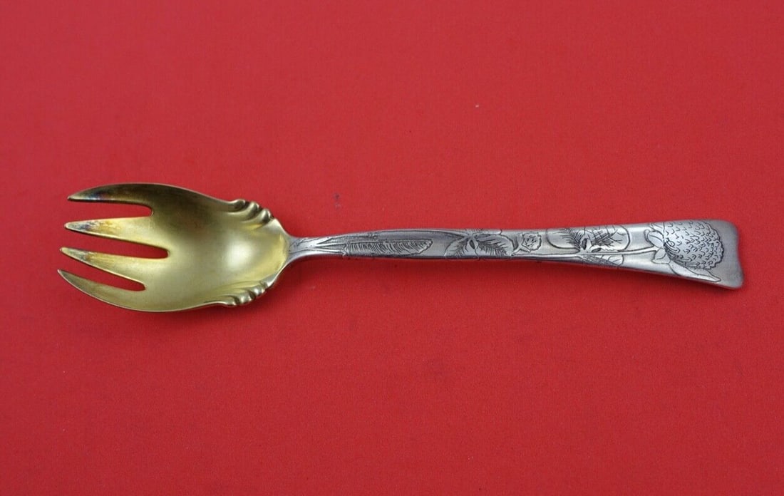 Tiffany & Co Sterling Silver Ice Cream Fork Clover 5 3/4in Gold Washed: Lap Over Edge Acid Etched by Tiffany & Co Sterling Ice Cream Fork clover 5 3/4" Lap over edge acid etched by tiffany and costerling silver ice cream fork gold washed, with clover 5 3/4" in the pattern