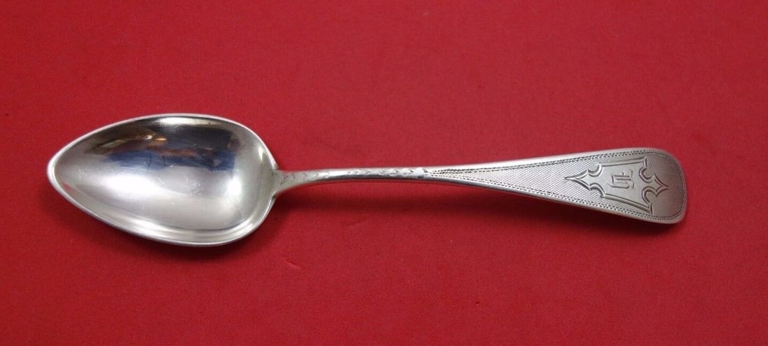 George Sharp Sterling Silver Teaspoon Engine Turned 5 7/8 inches: George Sharp Sterling Silver Teaspoon Engine Turned 5 7/8" George sharpgeorge sharp sterling silver teaspoon (engine turned), 5 7/8". It is monogrammed (monos vary) and is in excellent condition. Pre-