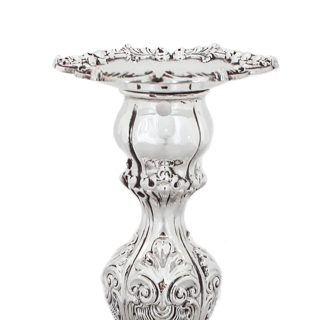 Sterling Silver Tiffany Candlesticks Set of 2 10 inches Height: Sterling Silver Tiffany Candlesticks Creator: Tiffany & Co. (Manufacturer) Dimensions: Height: 10 in (25.4 cm)Width: 4.5 in (11.43 cm)Depth: 4.5 in (11.43 cm) Sold As: Set of 2 Materials and Technique
