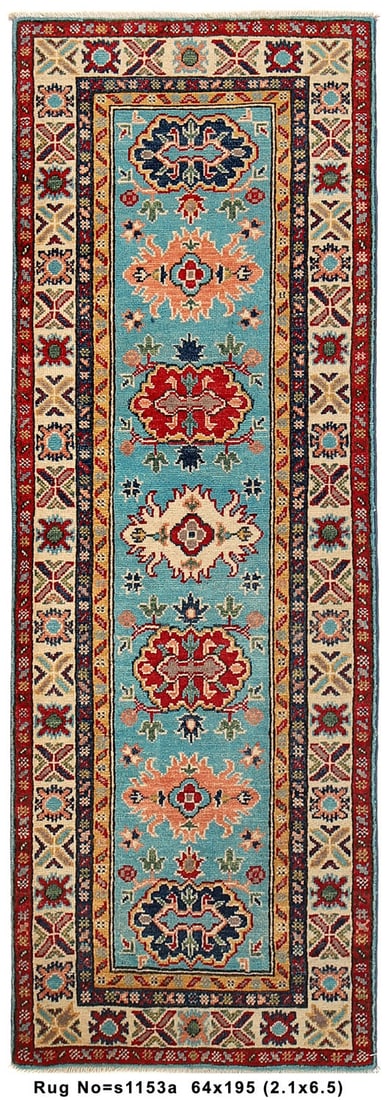2 x 6 Kazak Azure Allure Handmade Narrow Runner Rug: 2 x 6 Kazak Azure Allure Handmade Narrow Runner Rug Free continental US Shipping Size in Feet: Width: 2'1 x Length: 6'5 Size in Inches: Width: 25 in x Length: 77 in Rug Type: Area Rug Colors: The rug 