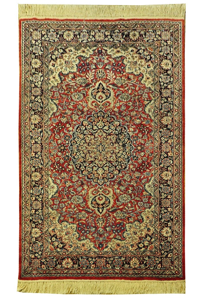 3 x 5 Kashmir Silk Hand-Knotted Rug: 3 x 5 Kashmir Silk Hand-Knotted Rug Free continental US Shipping Size in Feet: Width: 3'1 x Length: 5'1 Size in Inches: Width: 37 in x Length: 61 in Rug Type: Area Rug Colors: Red Black Gold Green Wea