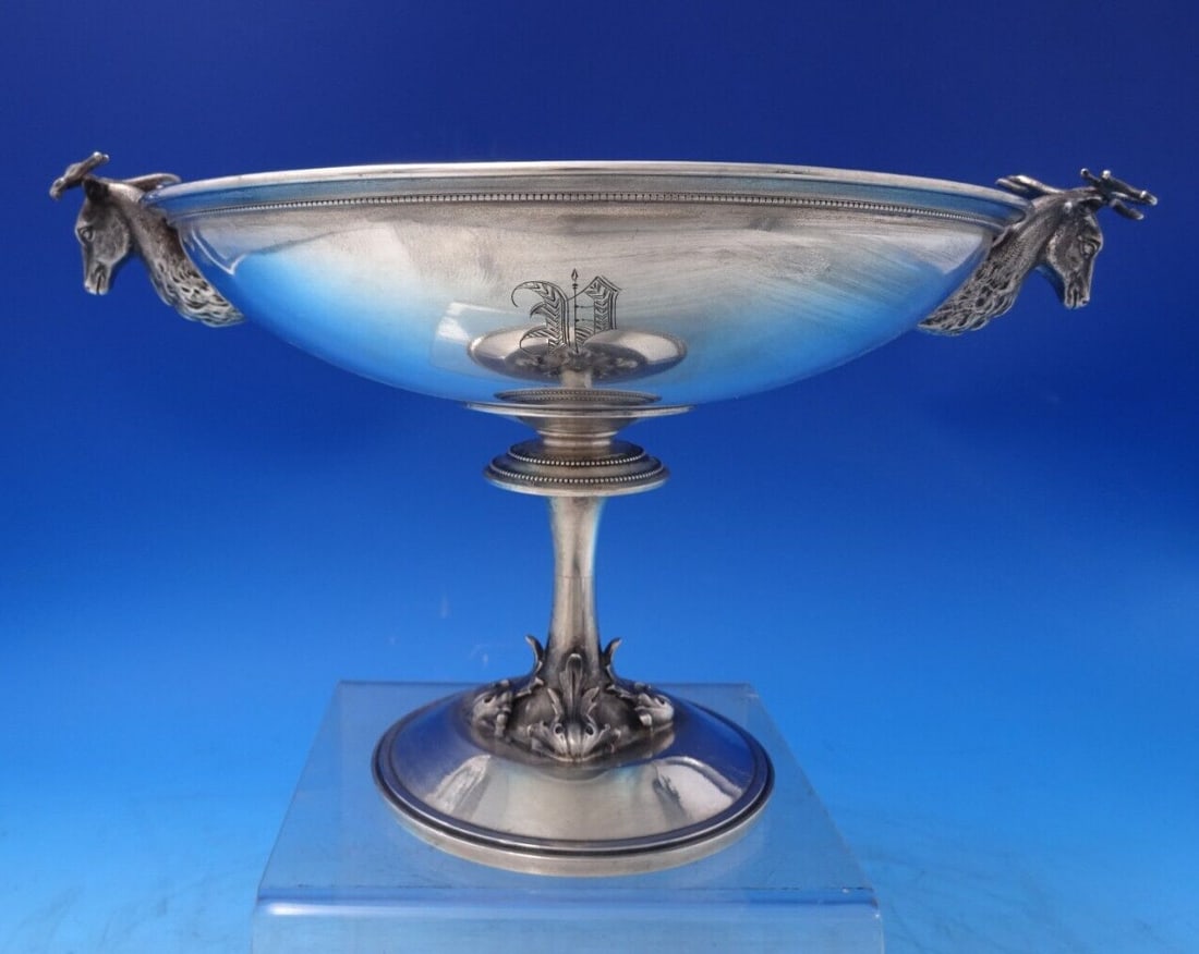 Gorham Coin Silver Compote with Pedestal and Two 3-D Stag Heads 18.5 ozt: Gorham Coin Silver Compote with Pedestal and Two 3-D Stag Heads 18.5 ozt Gorhamextraordinary gorham coin silver compote with pedestal featuring two figural 3-d stag heads on either side. This compote