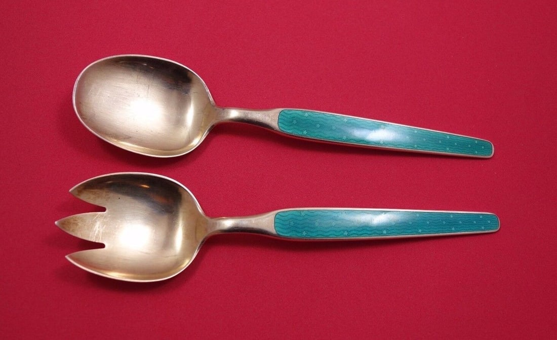 David Andersen Sterling Silver Salad Serving Set 2pc Vermeil with Green Enamel: David Andersen Sterling Silver Salad Serving Set 2pc Vermeil with Green Enamel David andersondavid anderson sterling silver salad serving set 2-piece, vermeil with green enamel, 7 1/2". It is not mono