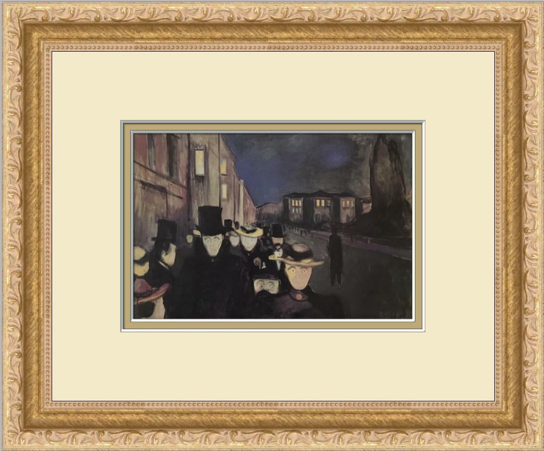 Edvard Munch Evening on Karl Johann Street Newly Custom Framed Print: Edvard Munch Evening on Karl Johann Street Newly Custom Framed Print Features: Framed Matted Region Of Origin: United States Item Width: 13 in Title: Evening on Karl Johann Street Production Technique