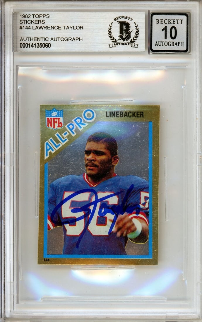 1982 Topps Stickers #144 Lawrence Taylor RC New York Giants BAS Autograph 10: 1982 Topps Stickers #144 Lawrence Taylor RC New York Giants BAS Autograph 10 Sport: Football Player/Athlete: Lawrence Taylor Signed By: Lawrence Taylor Season: 1982 Manufacturer: Topps Parallel/Variet