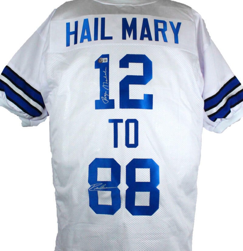 Roger Staubach/Drew Pearson Autographed White Pro Style Jersey-Beckett W Holo: Roger Staubach/Drew Pearson Autographed White Pro Style Jersey-Beckett W Holo Sport: Football Product: Jersey Original/Reprint: Original Player: Roger Staubach Drew Pearson Team: Dallas Cowboys Autogr
