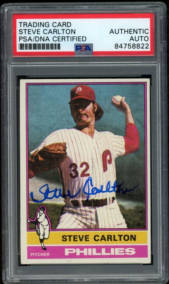 1976 TOPPS Steve Carlton HOF #355 Card Signed Phillies PSA/DNA: 1976 TOPPS Steve Carlton HOF #355 Card Signed Phillies PSA/DNA Sport: Baseball Product: Photo Original/Reprint: Original Team: Philadelphia Phillies Autograph Authentication: PSA/DNA League: MLB Pre-O