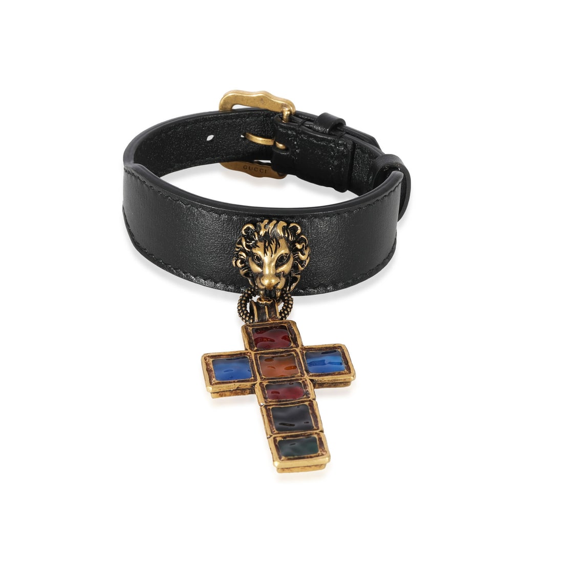 Gucci Leather Lion Head & Jewel Toned Cross Gold-Tone Bracelet: Gucci Leather Lion Head & Jewel Toned Cross Gold-Tone Bracelet Item Length: 7 in Clasp/Buckle Type: Tang Buckle With Original Box/Packaging: Yes Side Stone Type: No Stone With Papers: No Gross Weight