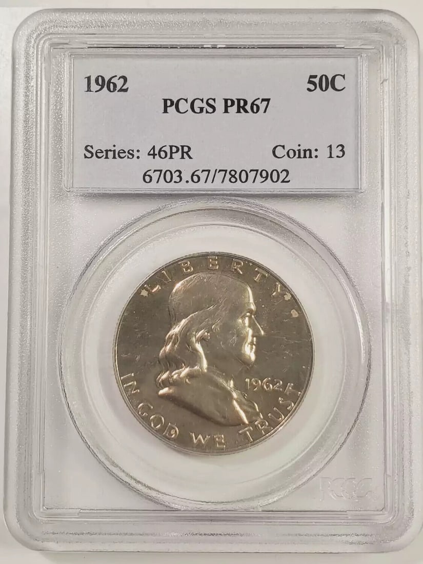 1962 P Franklin Half Dollar PCGS PR-67: 1962 P Franklin Half Dollar PCGS PR-67 Certification: PCGS Composition: Silver Grade: PR-67 Year: 1962 Circulated/Uncirculated: Uncirculated Strike Type: PR Mint Location: Philadelphia Country: USA Km