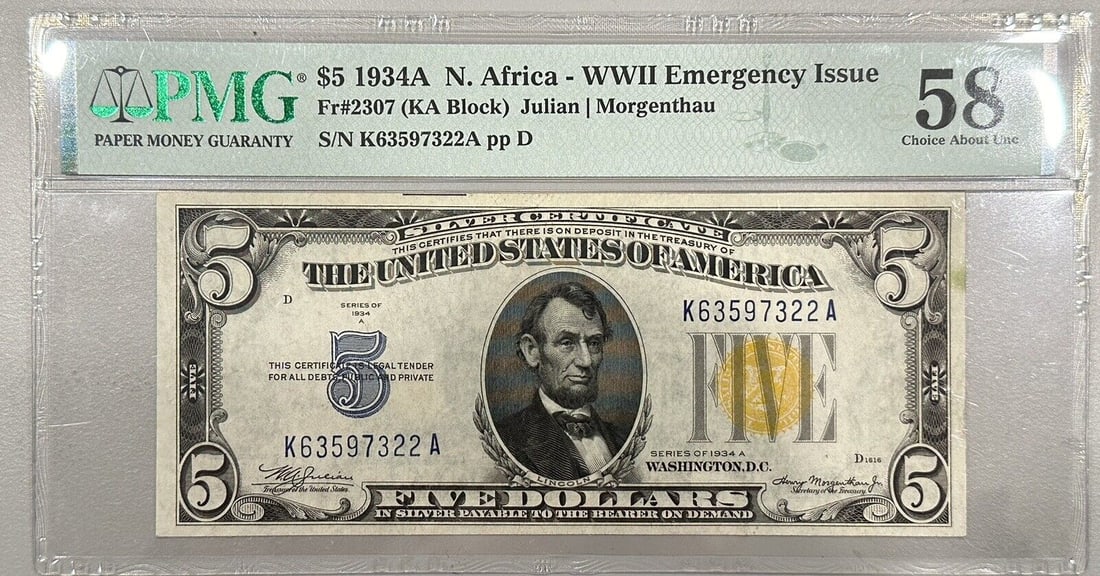 1934-A $5 Silver Certificate North Africa Fr. 2307 PMG ABOUT UNC 58: 1934-A $5 Silver Certificate North Africa Fr. 2307 PMG ABOUT UNC 58 Circulated/Uncirculated: Circulated Denomination: $5 Type: North Africa Note Year: 1934 Grade: 58 Certification: PMG Modified Item: 