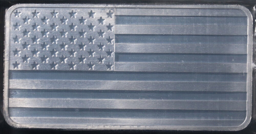 10 Ounce Silver Bar - Flag Design - 999 Fine - STOCK: 10 Ounce Silver Bar - Flag Design - 999 Fine - STOCK Composition: Silver Year: None Fineness: 0.999 Pre-Owned The MYNT Guarantee: All items in this auction are guaranteed to be 100% authentic. At Your