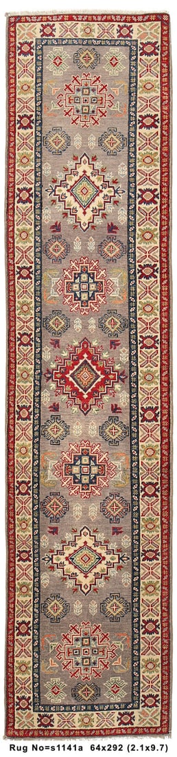 2 x 10 Narrow Runner Taupe Handmade Kazak Rug: 2 x 10 Narrow Runner Taupe Handmade Kazak Rug Free continental US Shipping Size in Feet: Width: 2'1 x Length: 9'7 Size in Inches: Width: 25 in x Length: 115 in Rug Type: Area Rug Colors: The rug featu