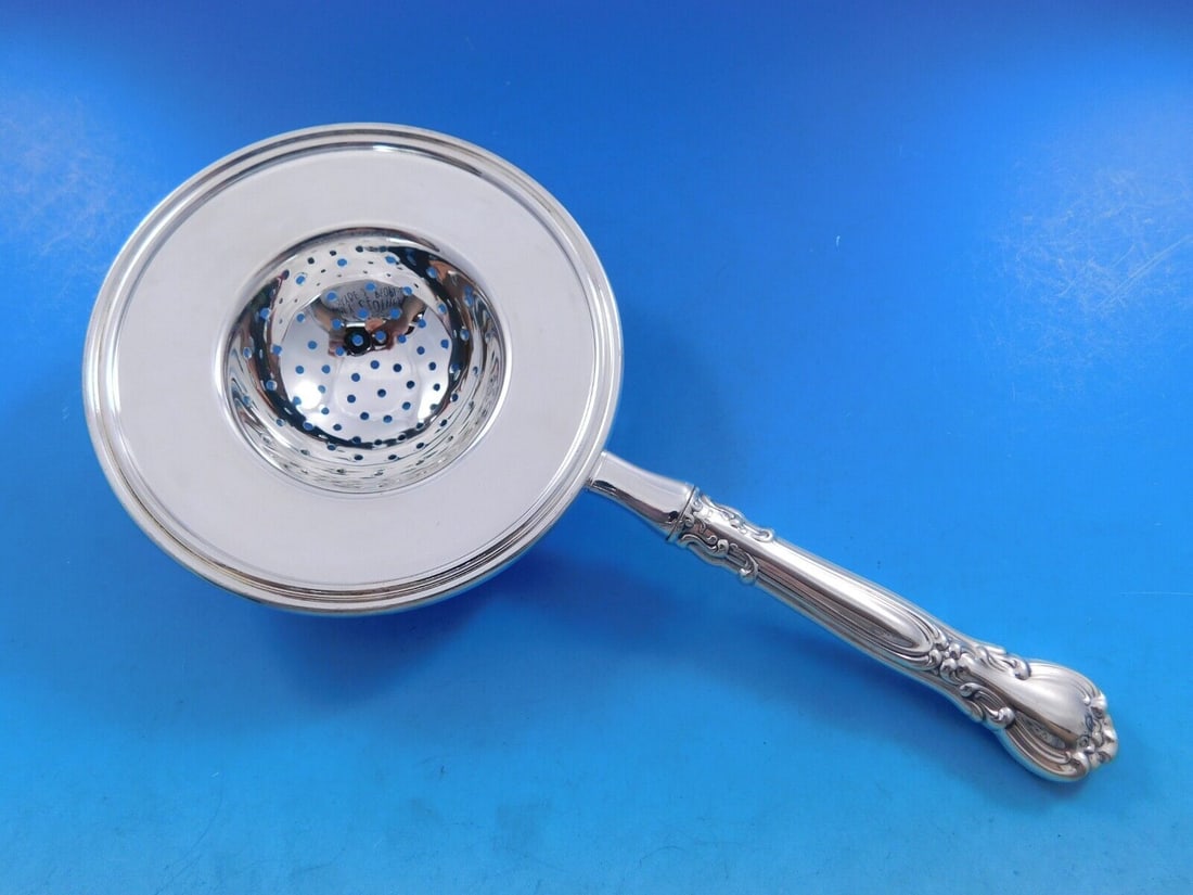 Chantilly by Gorham Sterling Silver Tea Strainer 7 1/2in: Chantilly by Gorham Sterling Silver Tea Strainer over the Cup Custom Made 7 1/2" Chantilly by gorhamsterling silver hollow handle with silverplated implement over the cup tea strainer custom made, in