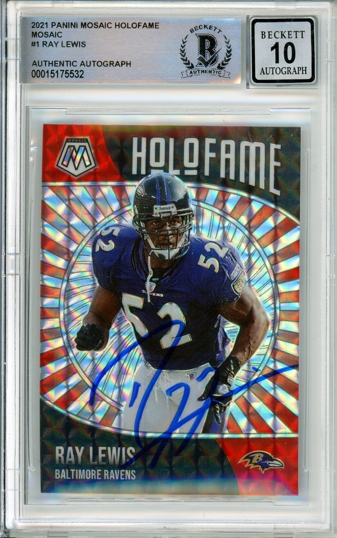 2021 Panini Mosaic Holofame Red #1 Ray Lewis Ravens BAS Autograph 10: 2021 Panini Mosaic Holofame Red #1 Ray Lewis Ravens BAS Autograph 10 Sport: Football Player/Athlete: Ray Lewis Signed By: Ray Lewis Season: 2021 Manufacturer: Panini Parallel/Variety: Holofame Mosaic