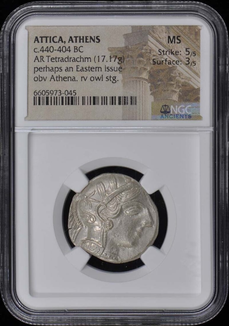 c.440-404 BC ATTICA ATHENS AR Tetradrachm NGC 60: c.440-404 BC ATTICA ATHENS AR Tetradrachm NGC 60 Certification: NGC Certification Number: 6605973045 Denomination: Ancient Greek Grade: MS60 Date: NONE Pre-Owned The MYNT Guarantee: All items in this 