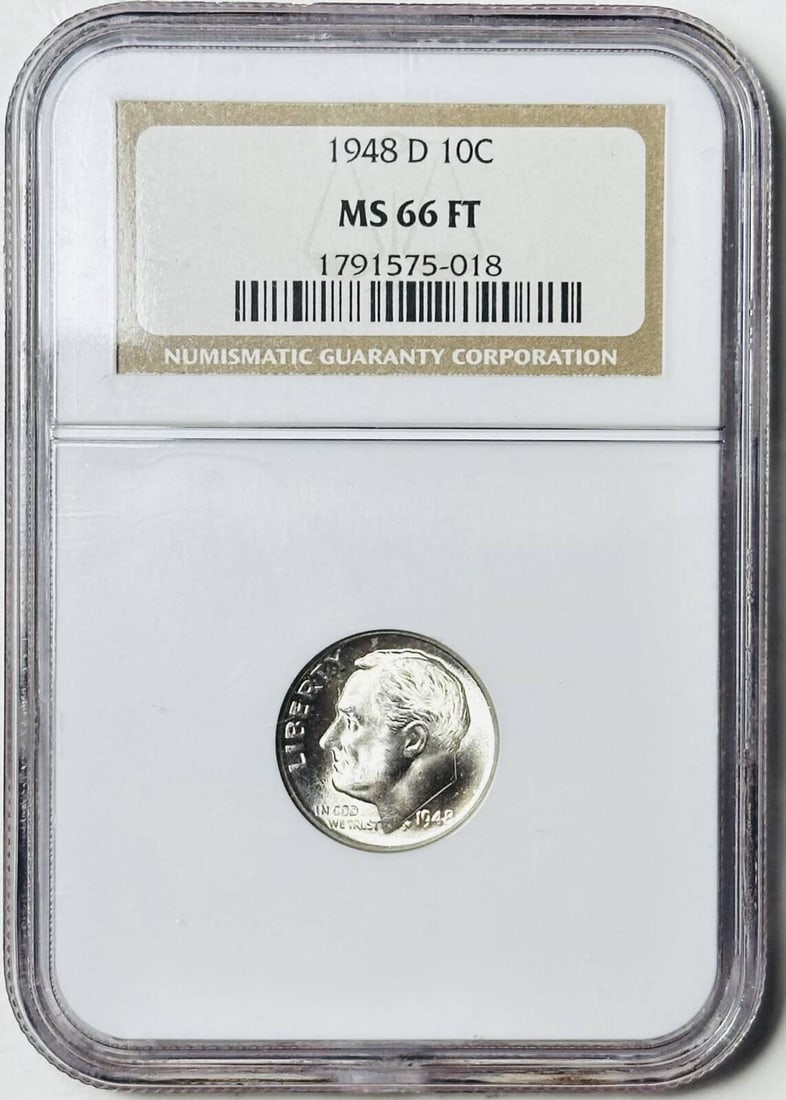 1948 D Dimes Roosevelt NGC MS-66 FT: 1948 D Dimes Roosevelt NGC MS-66 FT Certification: NGC Composition: Silver Grade: MS 66 Year: 1948 Circulated/Uncirculated: Uncirculated Mint Location: Denver Km Number: Unknown Certification Number: 