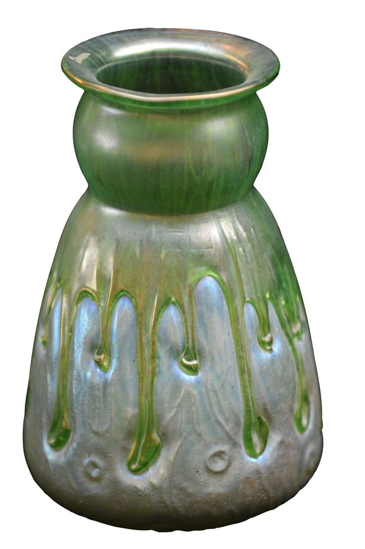 Austrian Loetz Iridescent Applied Glass Vase c. 1900-1925 9.5 inches: Austrian or Loetz Iridescent and applied glass vase. c. 1900-1925 Measures 9.5 Type: Art Vase Austrian or Loetz Iridescent and applied glass vase. i? 1/2 c. i? 1/2 1900-1925 i? 1/2 Measures 9.5 inches