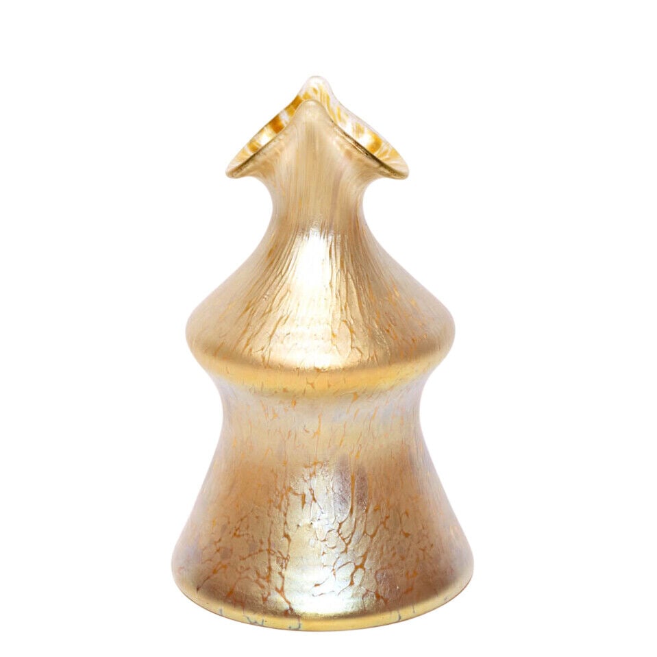 Loetz-Style Oil-Spot Gold White Yellow Glass Flower Vase Small: Loetz-Style Oil-Spot White Yellow Glass Vase Size: Small Color: Gold Material: Glass Type: Flower Vase