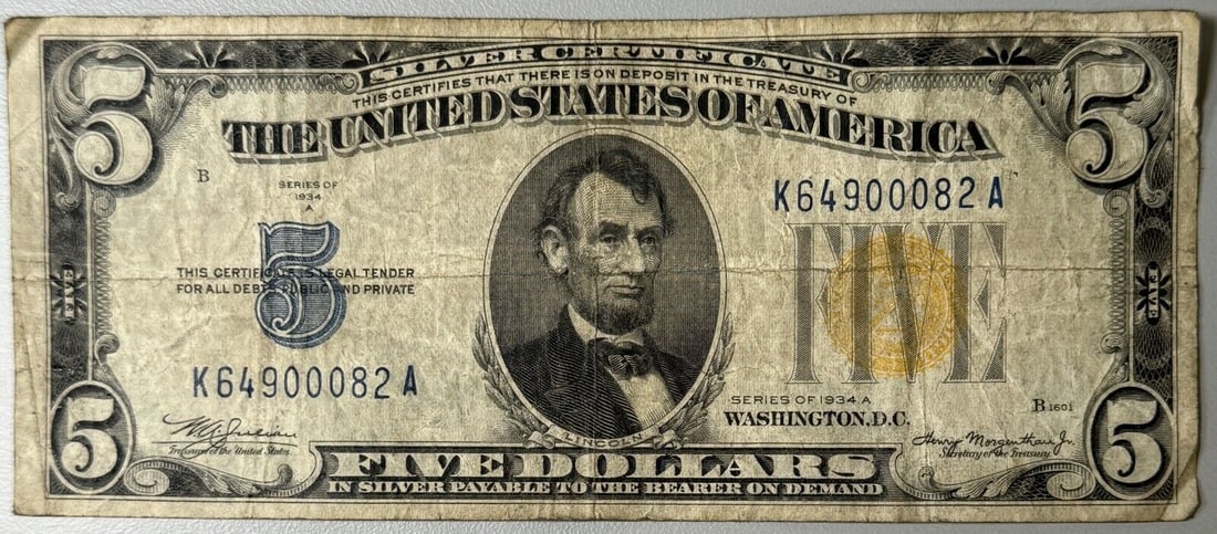 1934-A $5 NORTH AFRICA SILVER CERTIFICATE VG/F: 1934-A $5 NORTH AFRICA SILVER CERTIFICATE VG/F Circulated/Uncirculated: Circulated Denomination: $5 Year: 1934 Grade: Ungraded Certification: Uncertified Pre-Owned The MYNT Guarantee: All items in thi