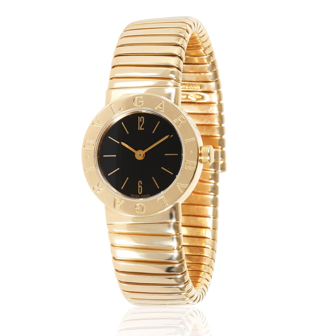 BVLGARI Tubogas BB 23 2T Womens Watch in 18kt Yellow Gold: BVLGARI Tubogas BB 23 2T Womens Watch in 18kt Yellow Gold Case Height (Mm): 5.50 Bezel Type: Other Case Size: 23 Crystal: Sapphire Band Length (Inches): 6.25 Indices: Arabic & Stick With Original Box/