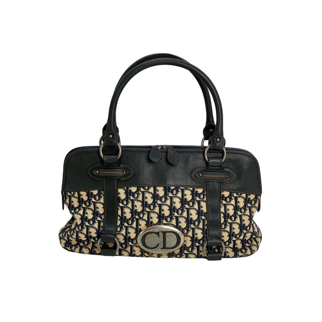 CHRISTIAN DIOR Monogram Trotter CD Blue Canvas Hand Bag: CHRISTIAN DIOR Monogram Trotter CD Blue Canvas Hand Bag Bag Width: 14.5 in Shape: Rectangle Closure: Zip Handle/Strap Color: Blue Size: Medium Handle Drop: 6 in Hardware Color: antique silver Bag Dept