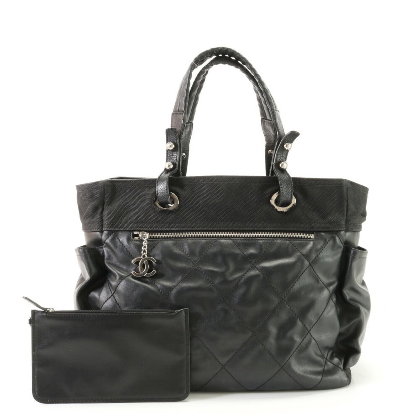 Chanel Paris Biarritz Coco Mark Leather Shoulder Bag Handbag Black Women's: Chanel Paris Biarritz Coco Mark Leather Shoulder Bag Handbag Black Women's Brand: Chanel Type: Handbag Pouch Shoulder bag Material: Coated canvas Leather Coated canvas: Leather: Color: Black Gender: W