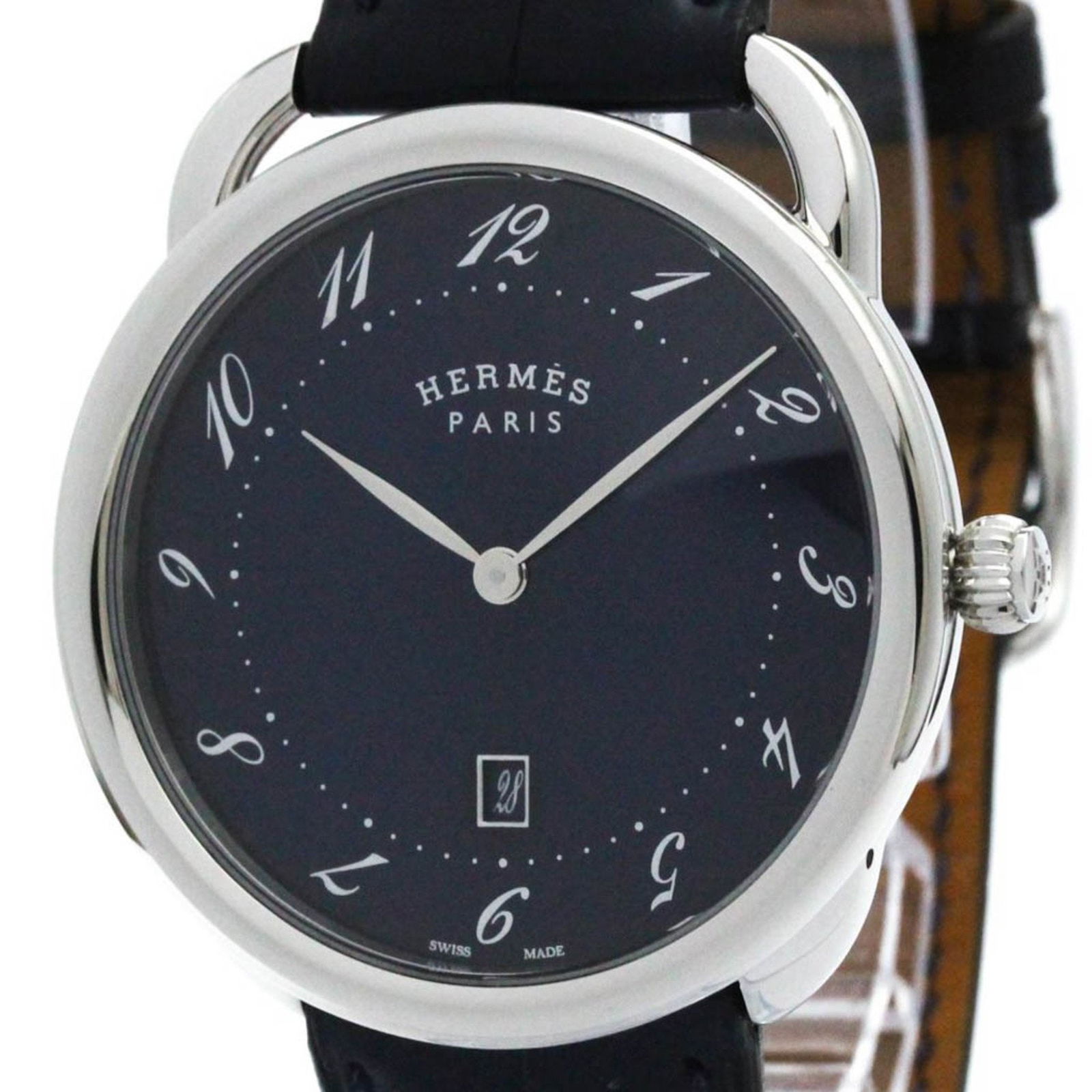 Polished HERMES Arceau GM Steel Leather Automatic Mens Watch AR7Q.810 BF570027: Polished HERMES Arceau GM Steel Leather Automatic Mens Watch AR7Q.810 BF570027 Brand: Hermes Line: Arceau Model: AR7Q.810 Type: Wristwatch Style: Dress/Formal Gender: Men Material (Case): Stainless st
