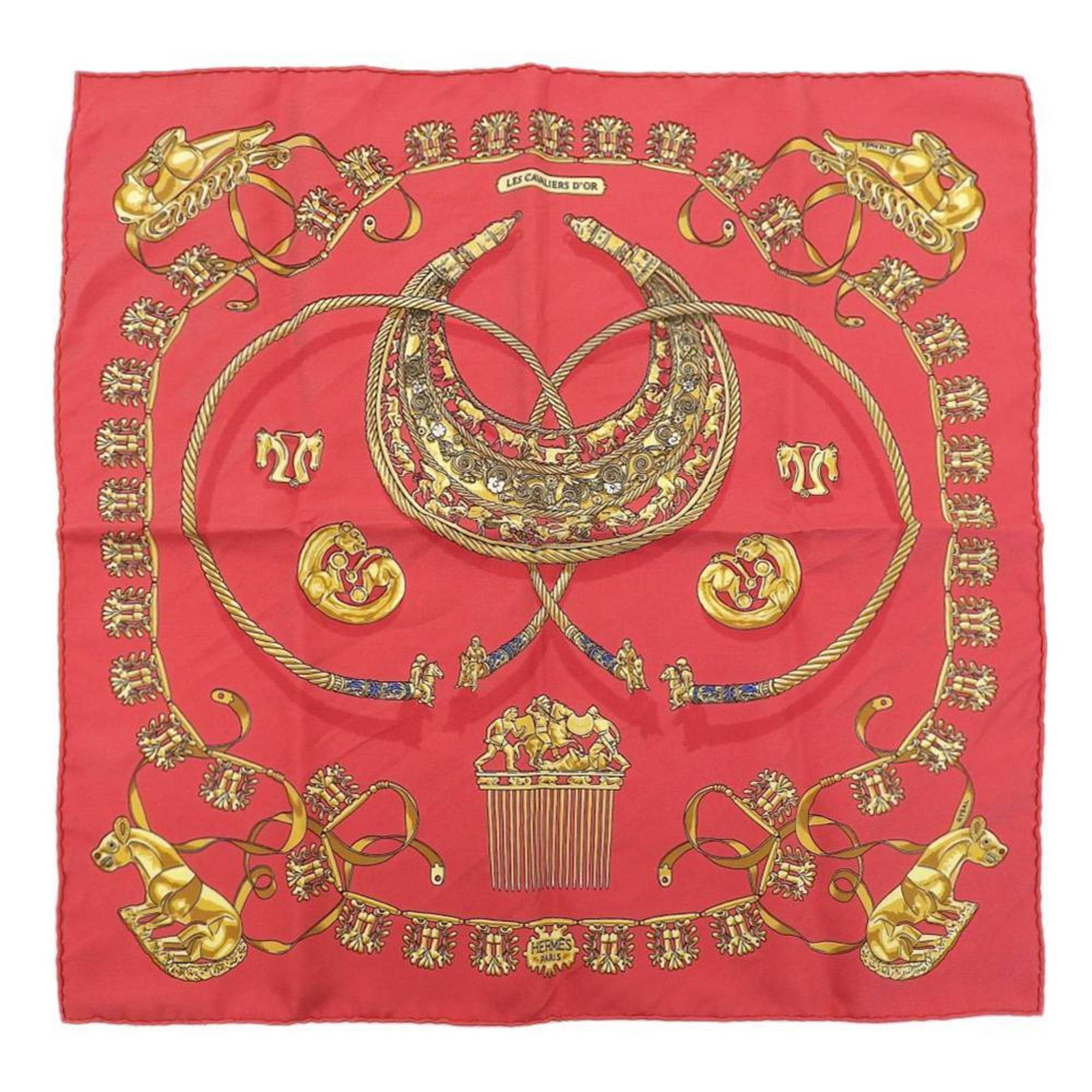 Hermes HERMES Carre 40 LES CAVALIERS D'OR Golden Knight Scarf Silk Red: Hermes HERMES Carre 40 LES CAVALIERS D'OR Golden Knight Scarf Silk Red Brand: Hermes Type: Scarf Gender: Women Color: Red color Material: Silk100% Silk: 100% Size (LxW): 43cm x 40.5cm / 16.92 x 15.94