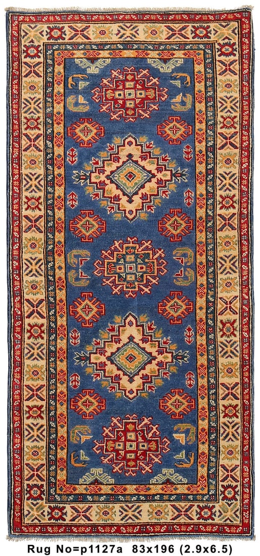 Handmade 3 x 6 Kazak Runner Rug Wool Deep Sapphire Blue: Handmade 3 x 6 Kazak Runner Rug Free continental US Shipping Size in Feet: Width: 2.9 x Length: 6.5 Size in Inches: Width: 33 in x Length: 77 in Rug Type: Area Rug Colors: The rug exhibits a deep sapp